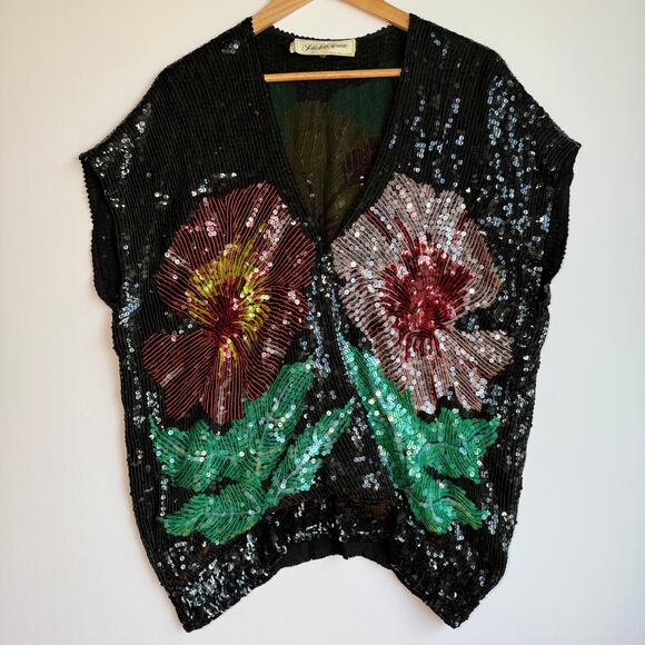 Vintage Tops - Vintage Womens Silk Sequin Floral Tops Disco Fairy Y2K 70s 80s disco pink black